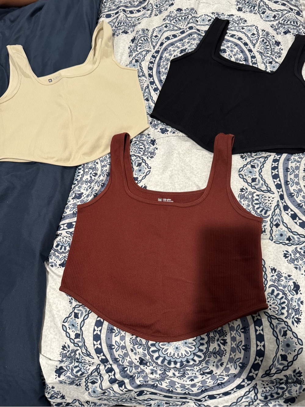 Ribbed Square Neck Tank Tops - Black, Cream & Brown. Sz M